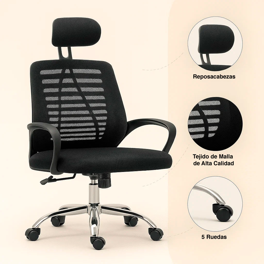Silla de Oficina Ergos Ergonómica con Cabeza - Negra