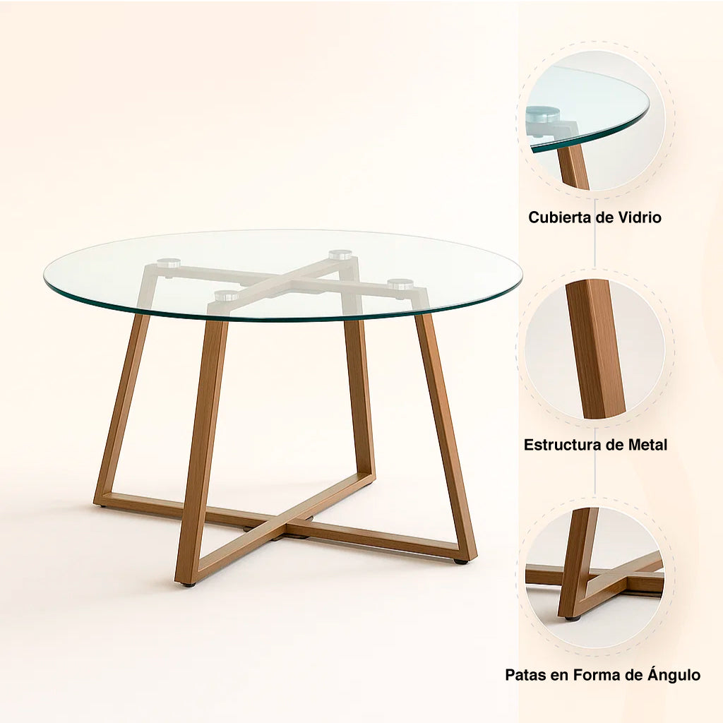 Mesa de centro para living de vidrio y metal 80cm