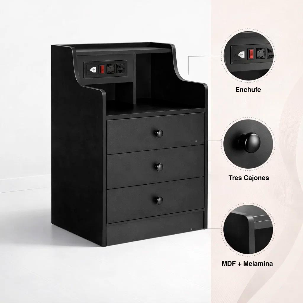 Velador Urbano Smart con Enchufe Integrado Negro de 3 Cajones