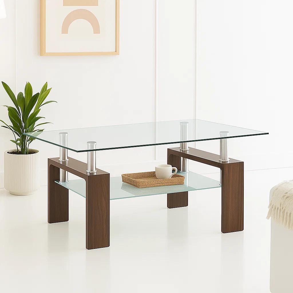 Mesa de centro para living rectangular de vidrio y madera oscura