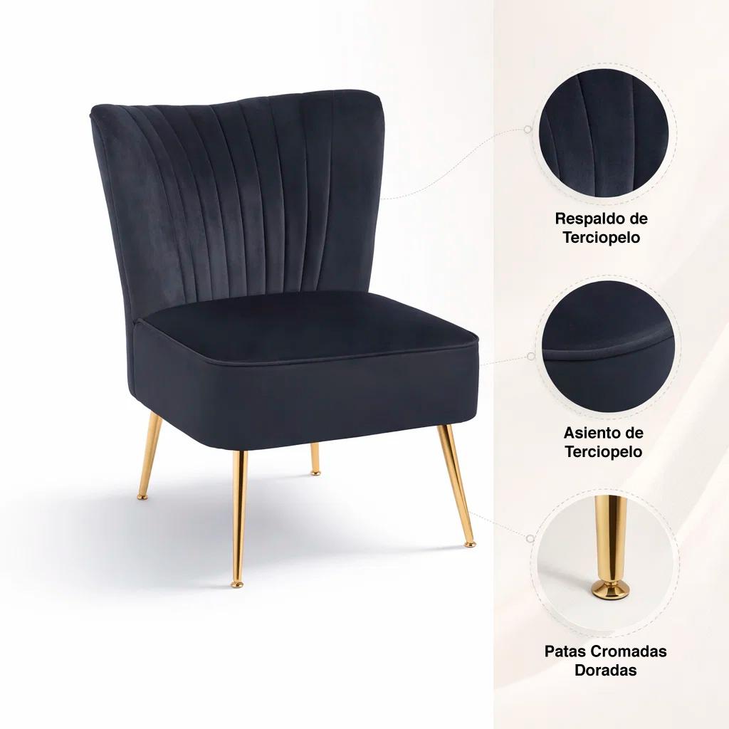 Sillón Glamour Noir con Patas Doradas - Negro