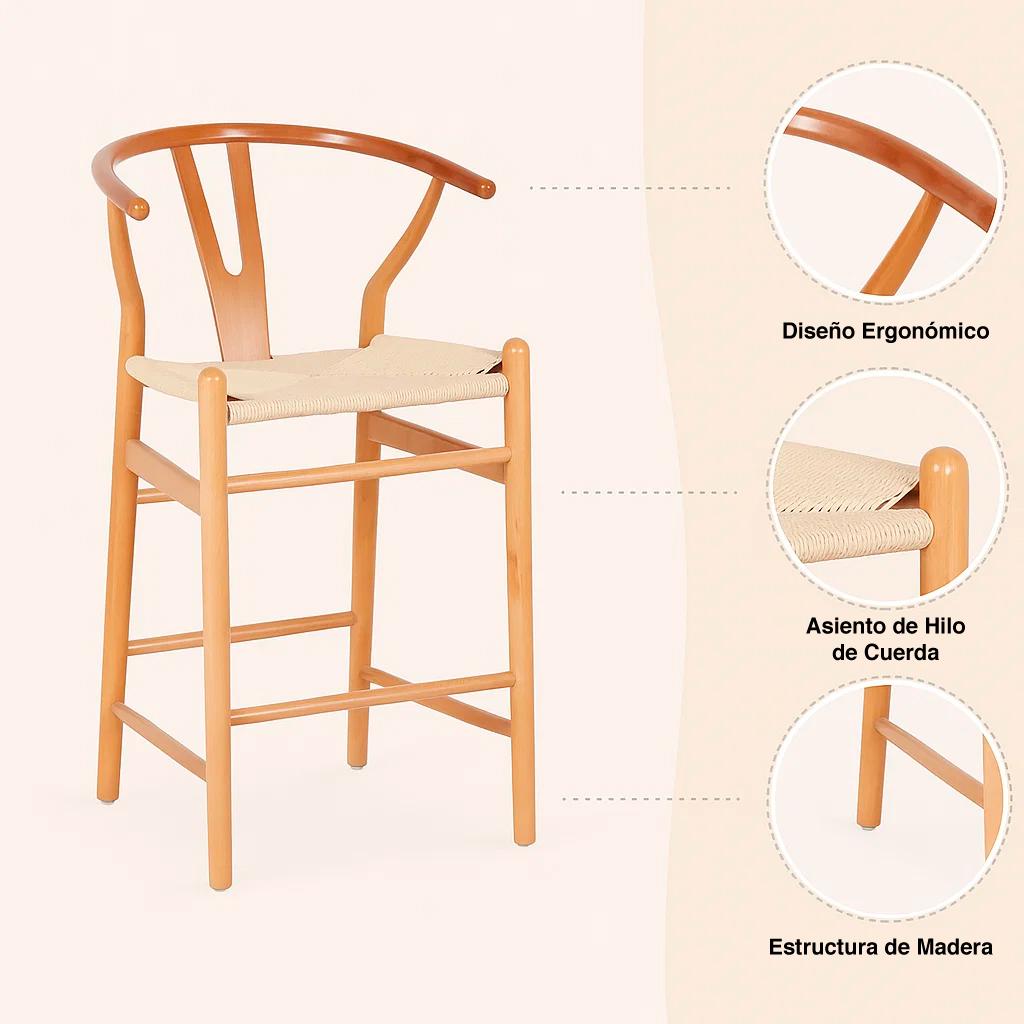 Taburete Wishbone Madera y Hilo de Cuerda - Natural