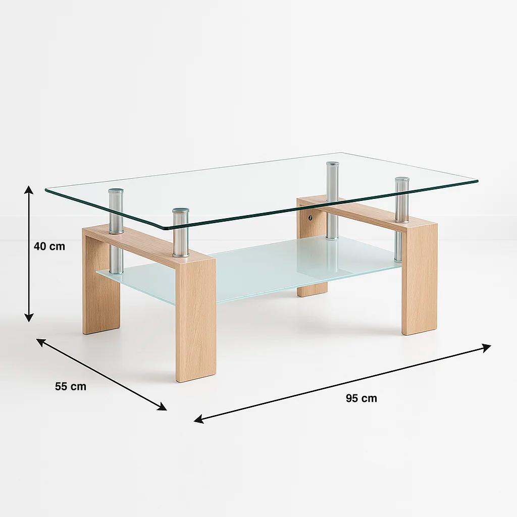 Mesa de centro para living rectangular de vidrio y madera