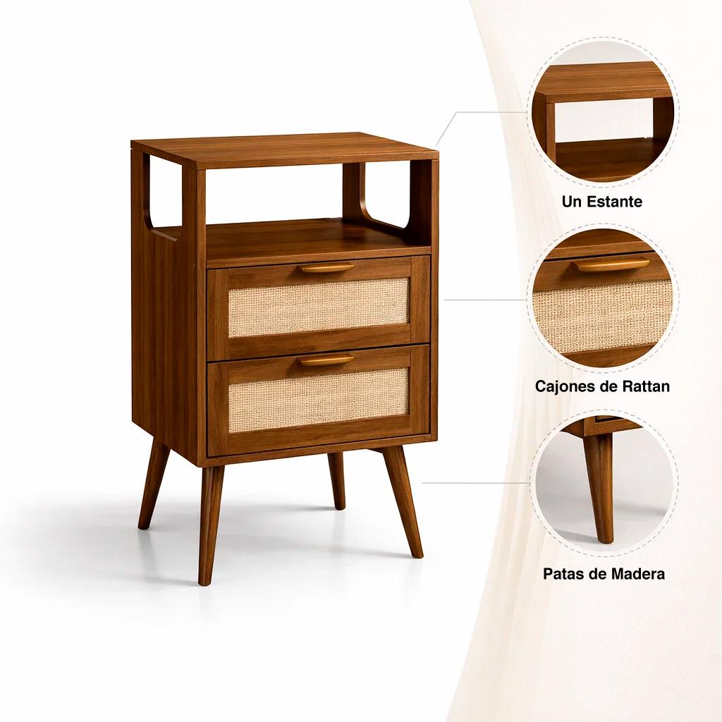 Velador Velia Rattan con Cajones y Diseño Natural
