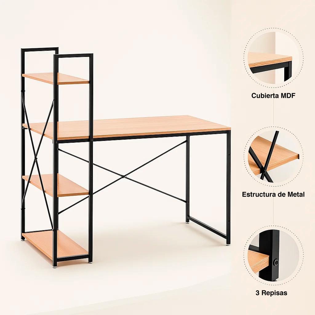 Escritorio Industrial Home Office con Repisas Oslo - Madera Clara