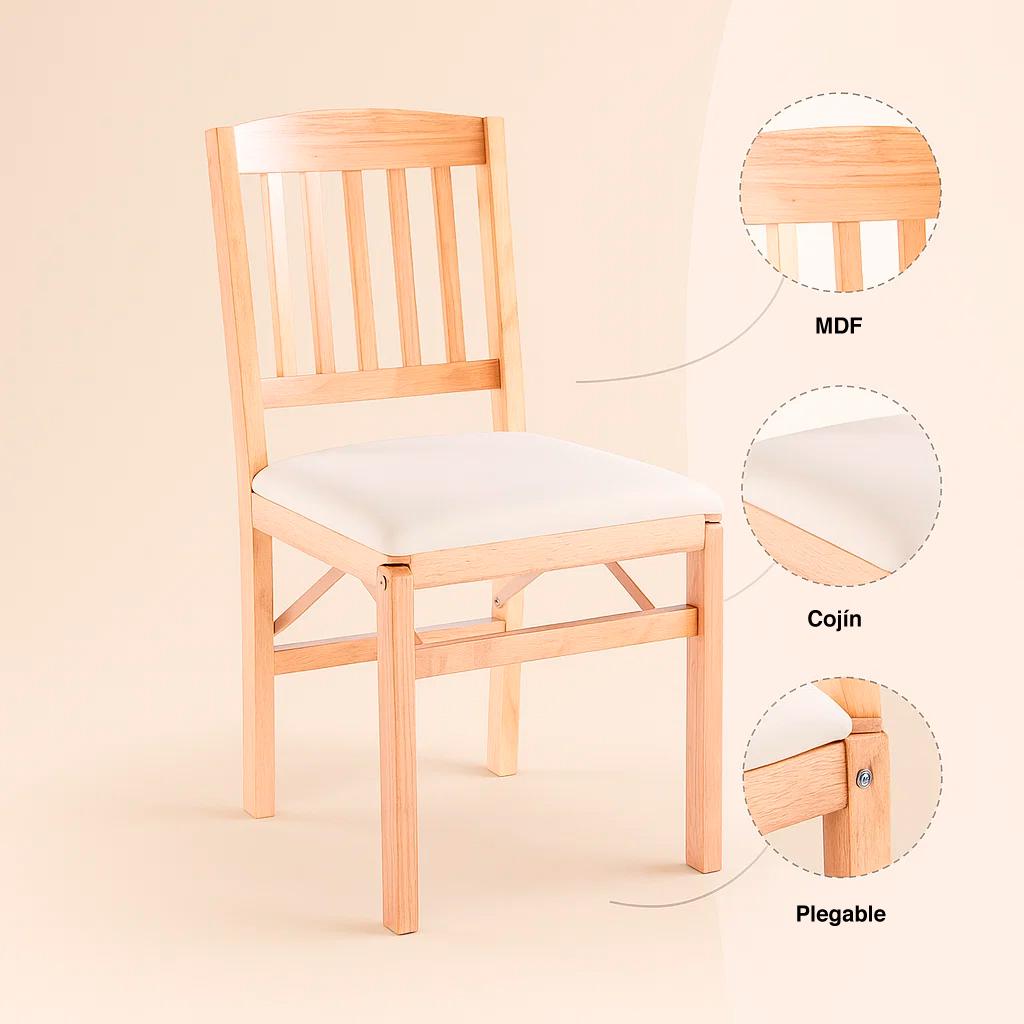 Silla Moderna Plegable de Madera Clara con Tapizado Neutro