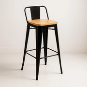 Taburete Tolix Negro Alto con Respaldo para bar o terraza - Asiento de madera Clara