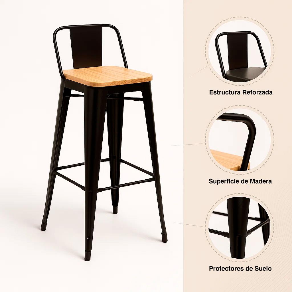 Taburete Tolix Negro Alto con Respaldo para bar o terraza - Asiento de madera Clara