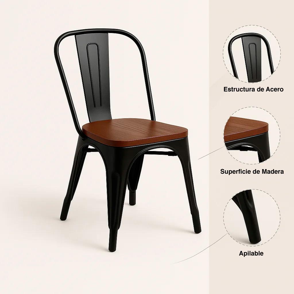 Silla Tolix de Comedor o Terraza Exterior con asiento de Madera Oscura Walnut - Negra
