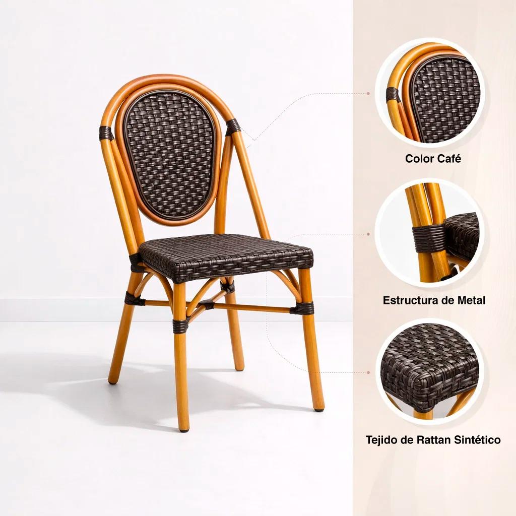 Silla de Exterior Estilo Francés con Marco Dorado y Ratán Oscuro