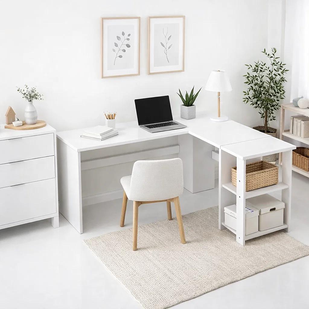 Escritorio Luma Corner en L Blanca con Repisas