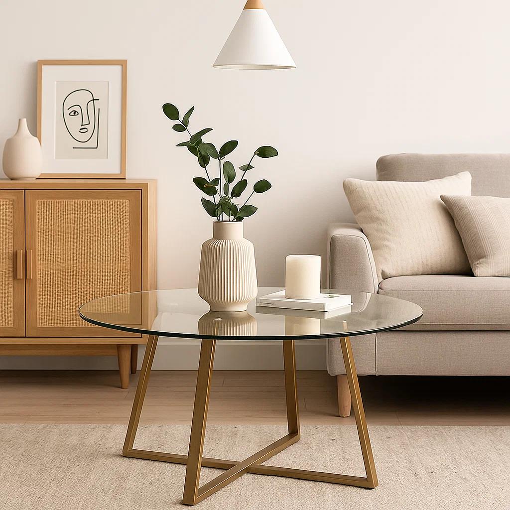 Mesa de centro para living de vidrio y metal 80cm