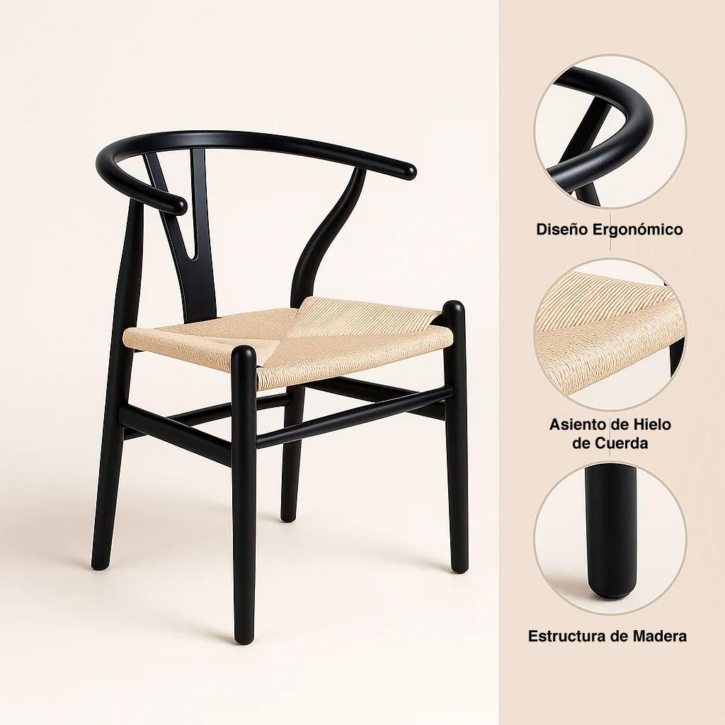 Silla Wishbone Madera Negra y Asiento Claro