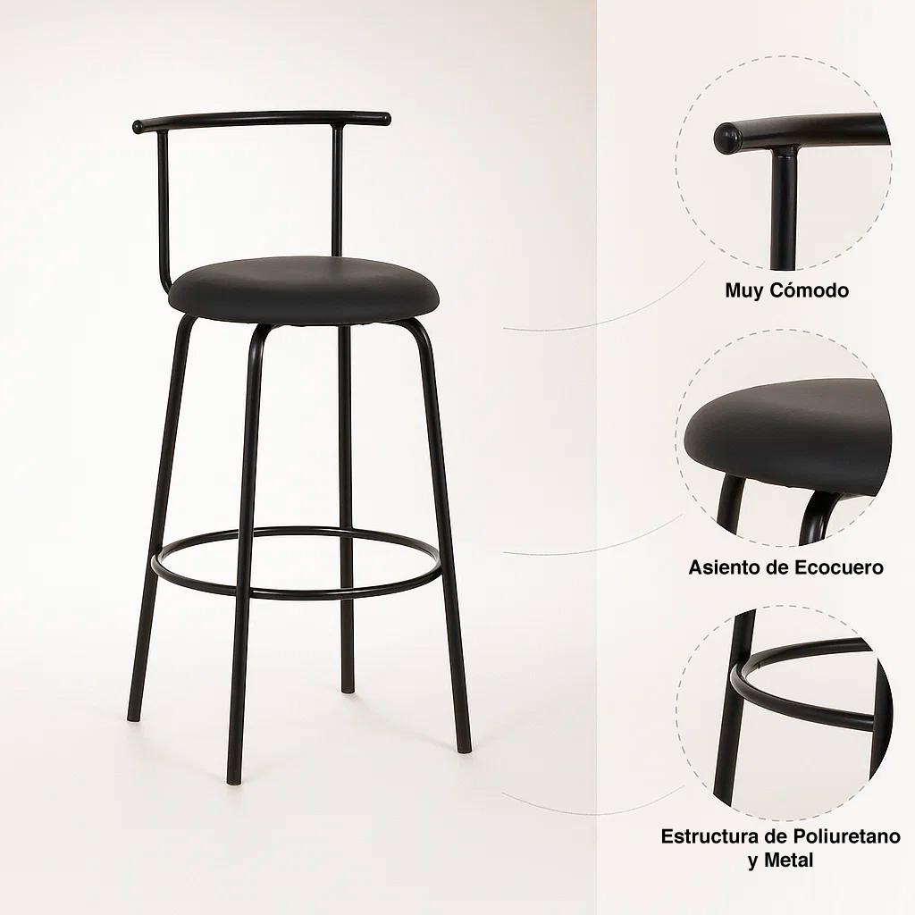 Taburete Alto Oslo Metal y Cuero Sintético - Negro
