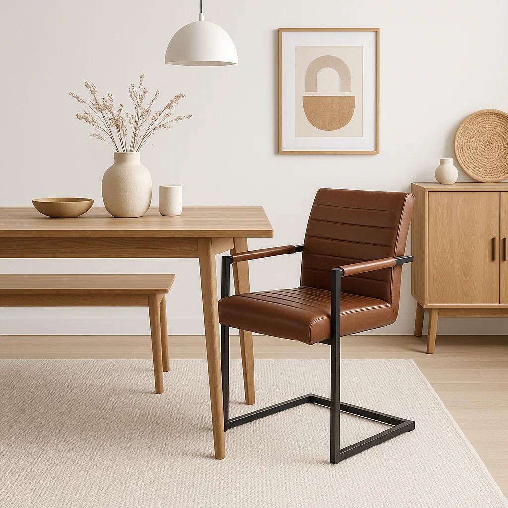 Silla Industrial de Cuero Sintético Marrón con Base Metálica – Café