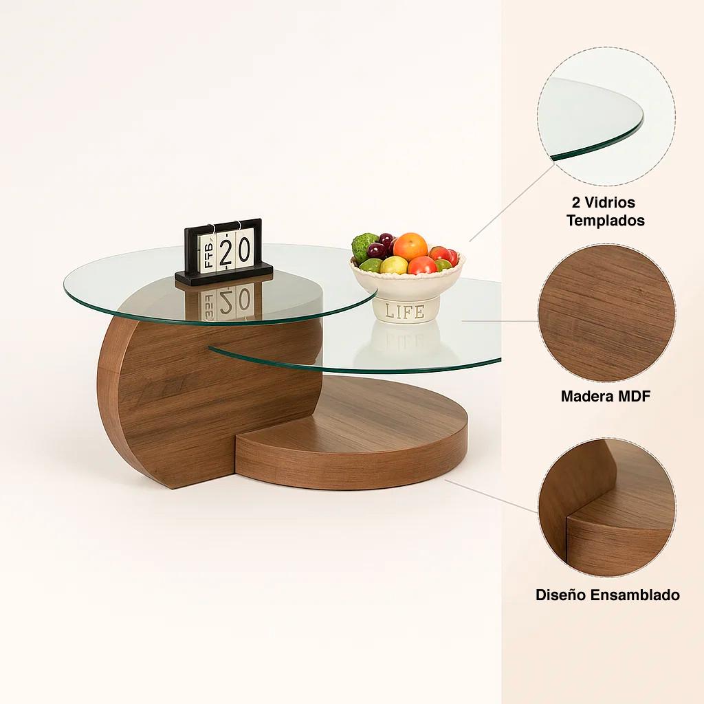 Mesa de Centro DuoGlass con Bases de Madera y Superficie de Vidrio