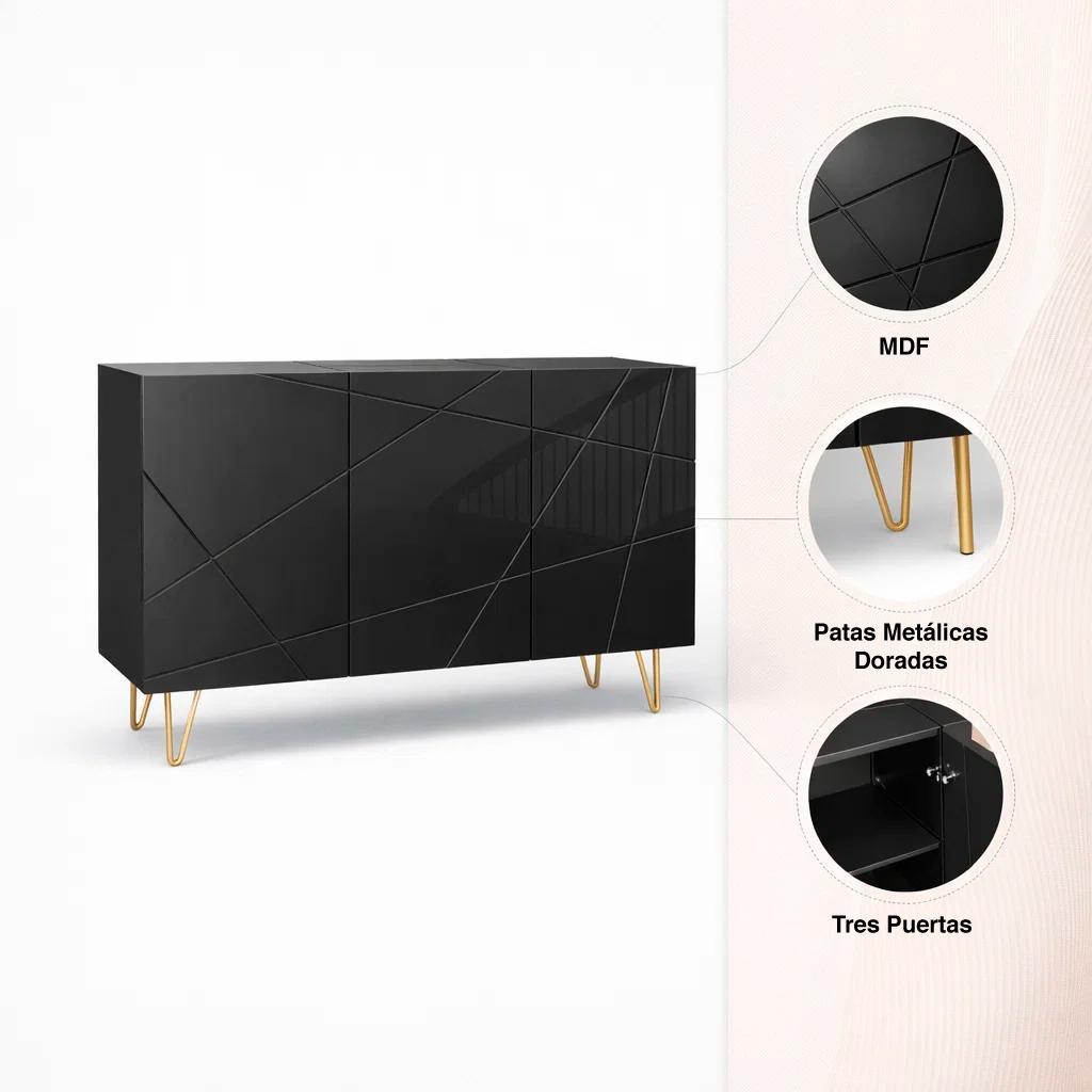 Buffet Moderno LuxLine Negro con Patas Doradas