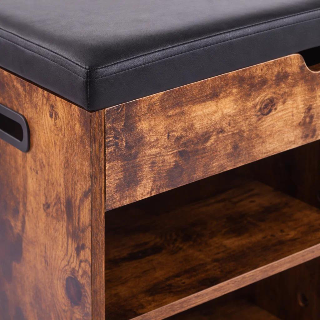 Banco Zapatero de Madera Rústica con Asiento Acolchado y Baúl de Almacenaje