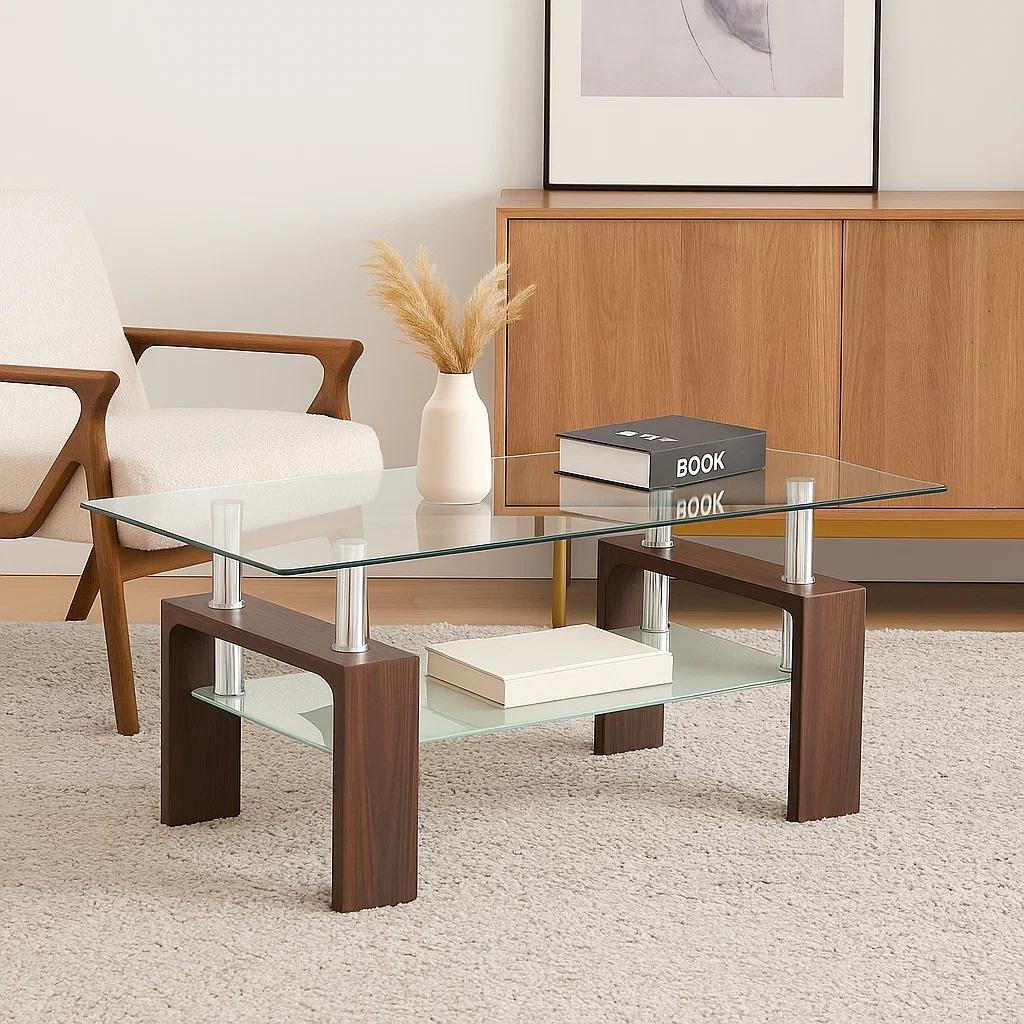 Mesa de centro para living rectangular de vidrio y madera oscura