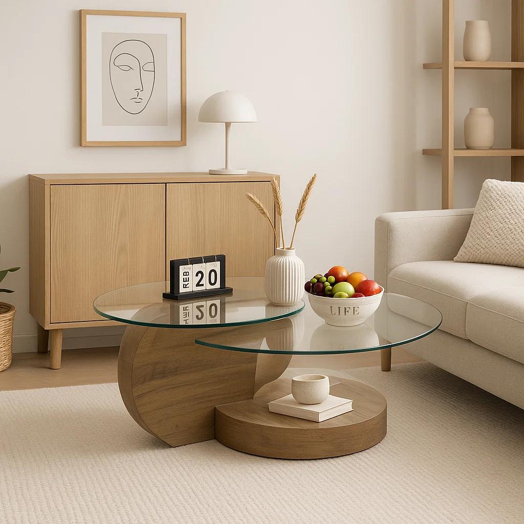 Mesa de Centro DuoGlass con Bases de Madera y Superficie de Vidrio