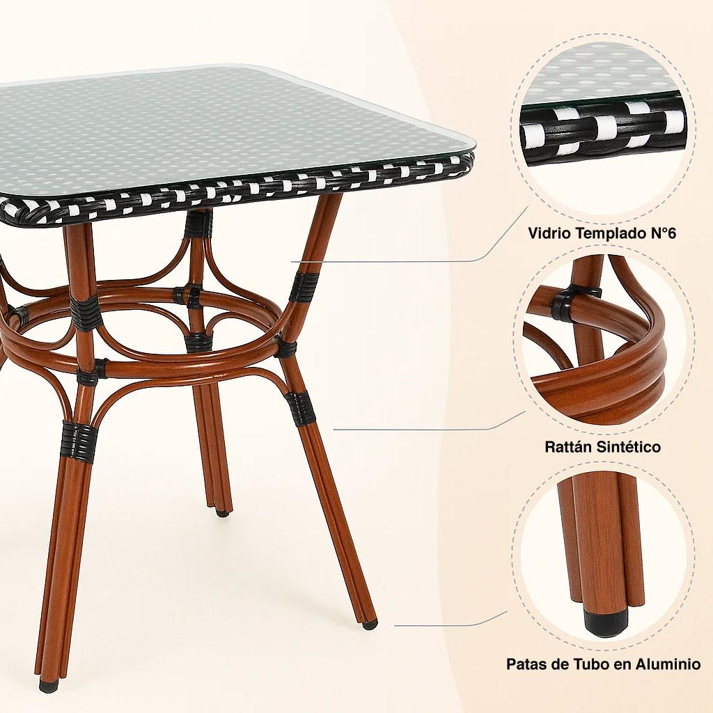 Mesa Bistro Parisina de Vidrio con Metál y Rattan Sintético