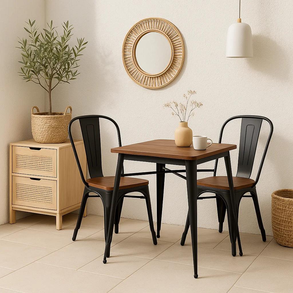 Silla Tolix de Comedor o Terraza Exterior con asiento de Madera Oscura Walnut - Negra