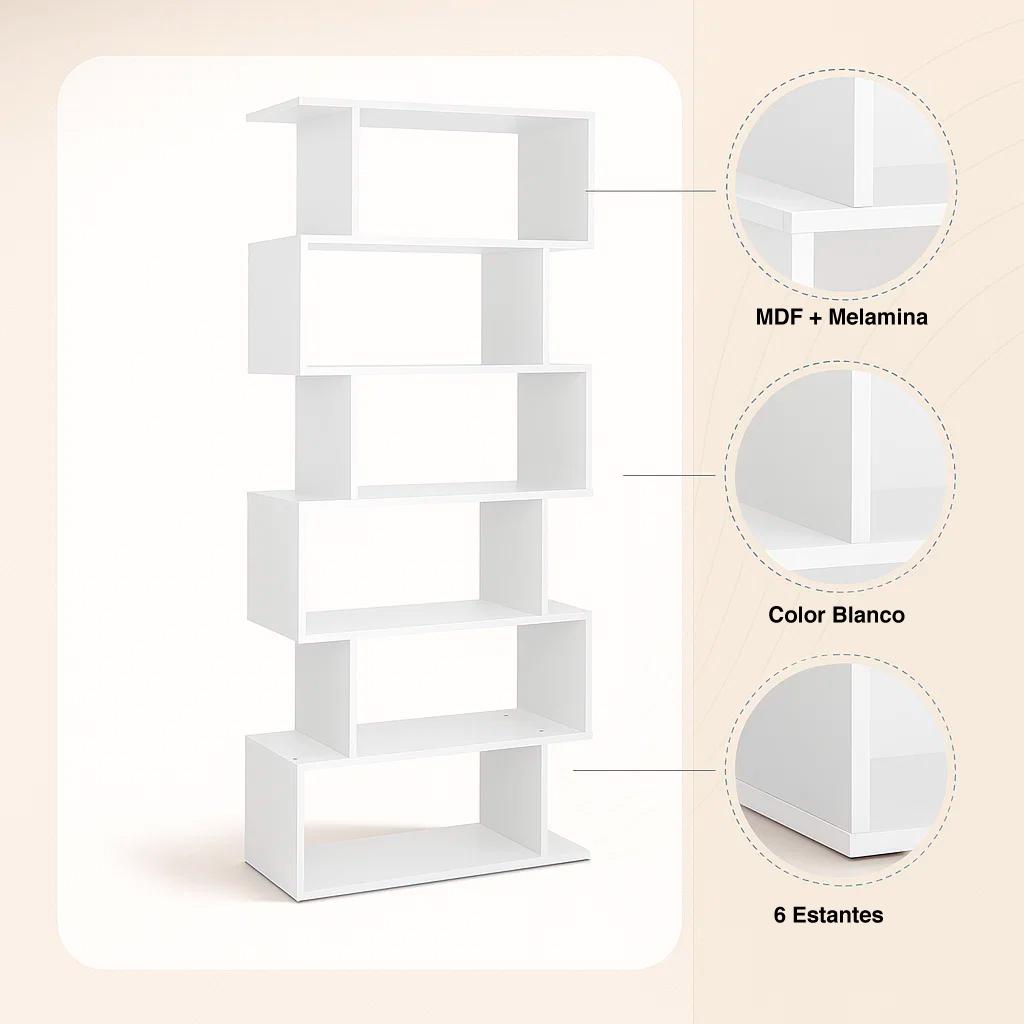 Estantería Moderna ZigZag de 6 Niveles 80x23.5x187.5 - Blanco