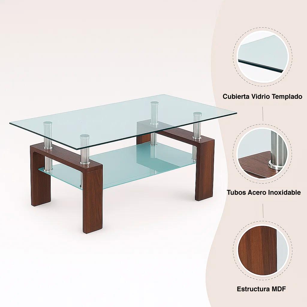 Mesa de centro para living rectangular de vidrio y madera oscura
