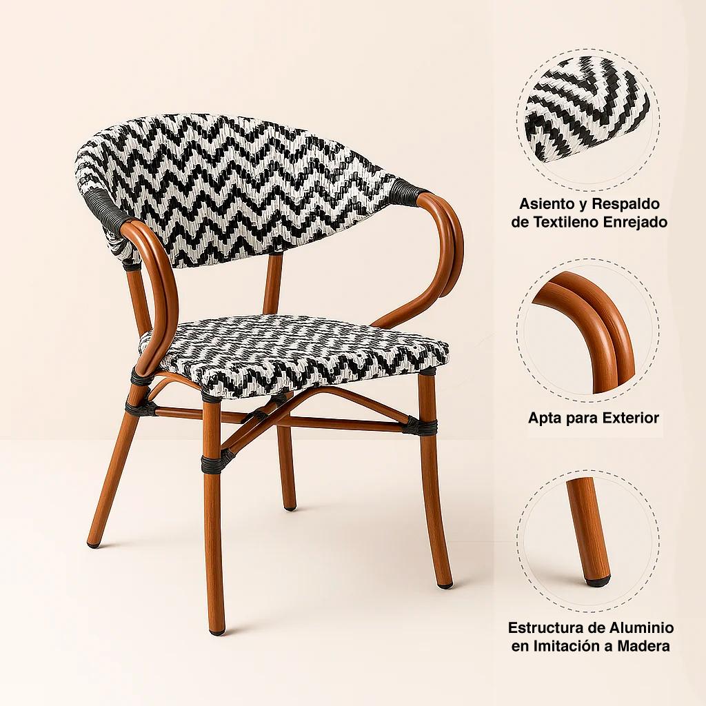 Silla Bistro Parisina Rattan con reposabrazos - Blanca con negro