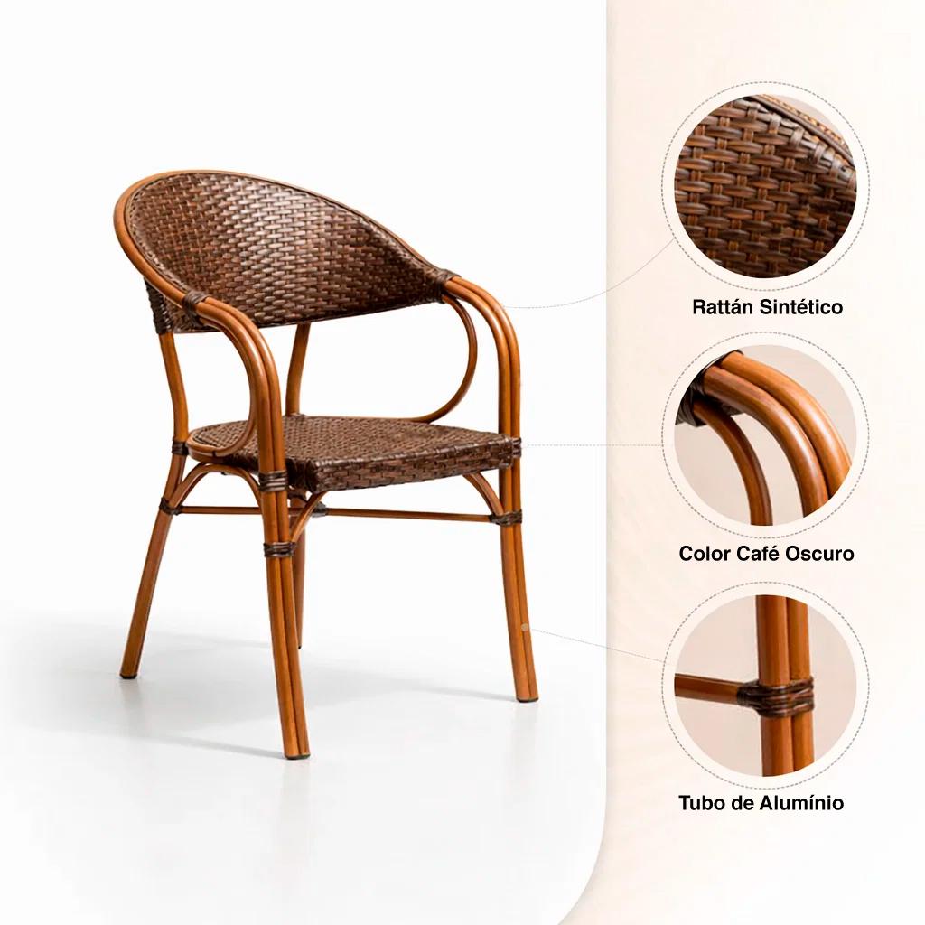 Silla Bistro Parisina Rattan con  reposabrazos Jolie  - Café Oscuro