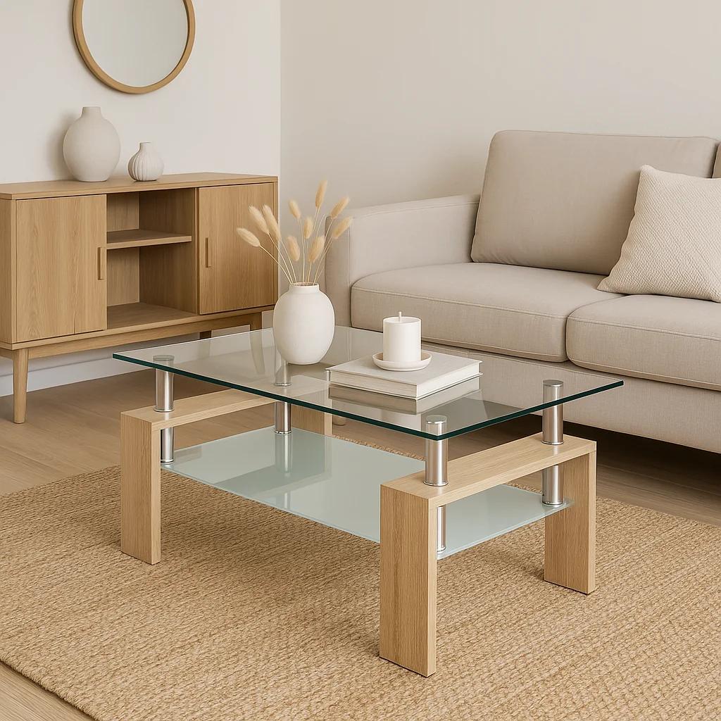 Mesa de centro para living rectangular de vidrio y madera