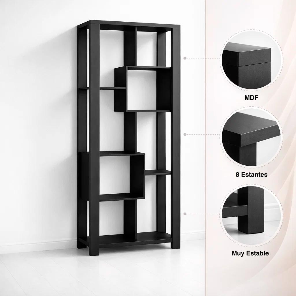 Estantería Prisma Noir Librero Geométrico Moderno 39x80x180 - Negro