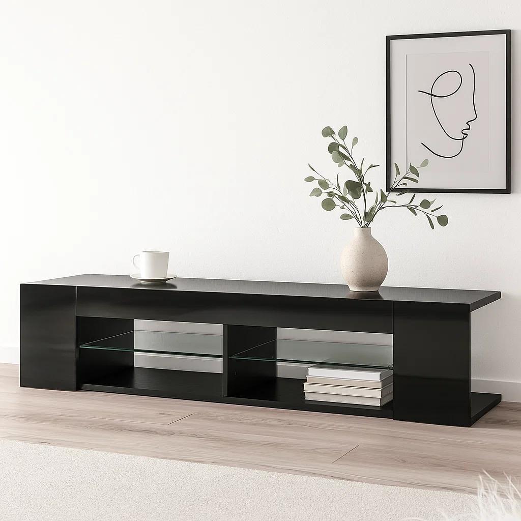 Mueble de TV Moderno Negro con Luces LED y Compartimentos