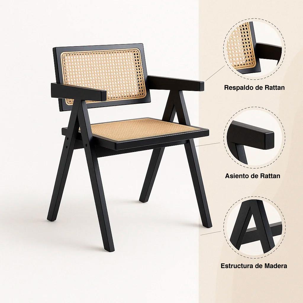 Silla Sitial Butaca Chandigarh Madera Rattan Negra