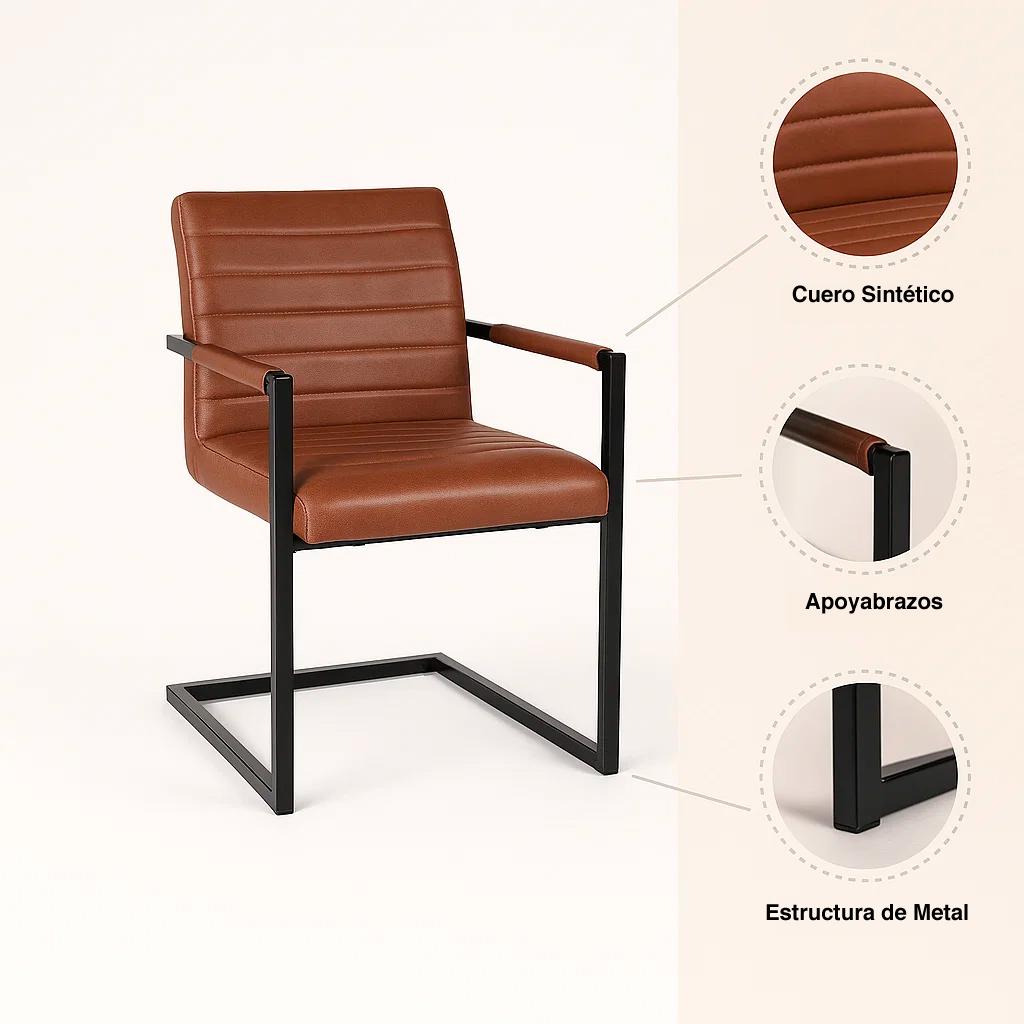 Silla Industrial de Cuero Sintético Marrón con Base Metálica – Café