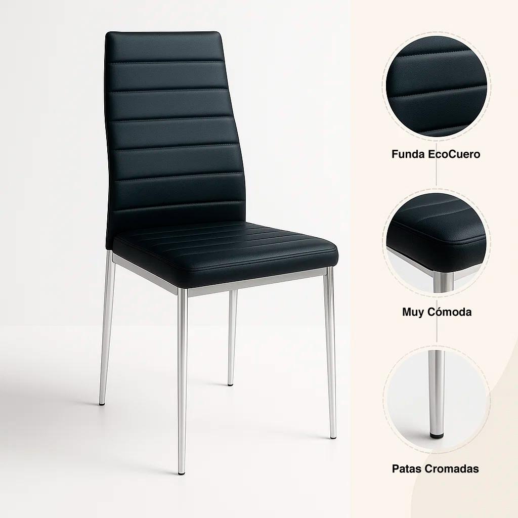 Silla Dining Acolchada Liana con patas cromadas - Negra