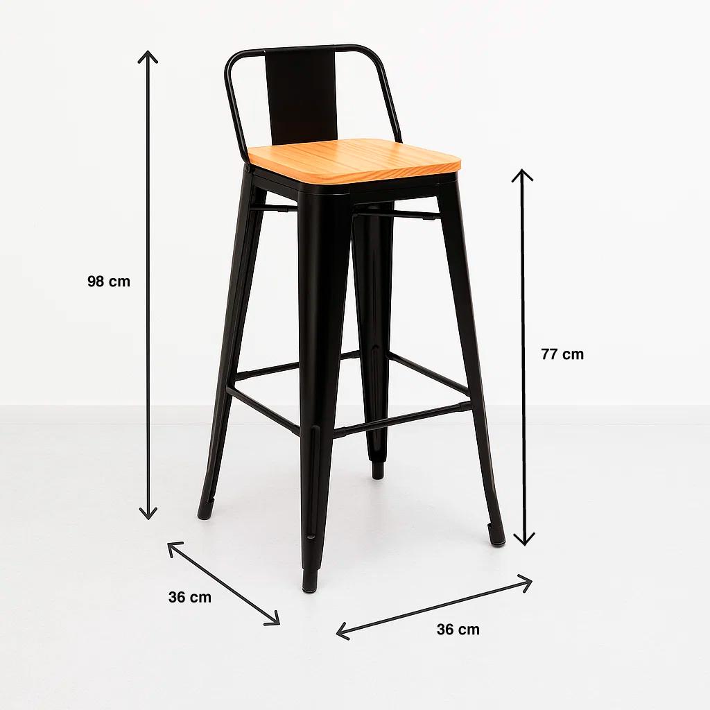 Taburete Tolix Negro Alto con Respaldo para bar o terraza - Asiento de madera Clara