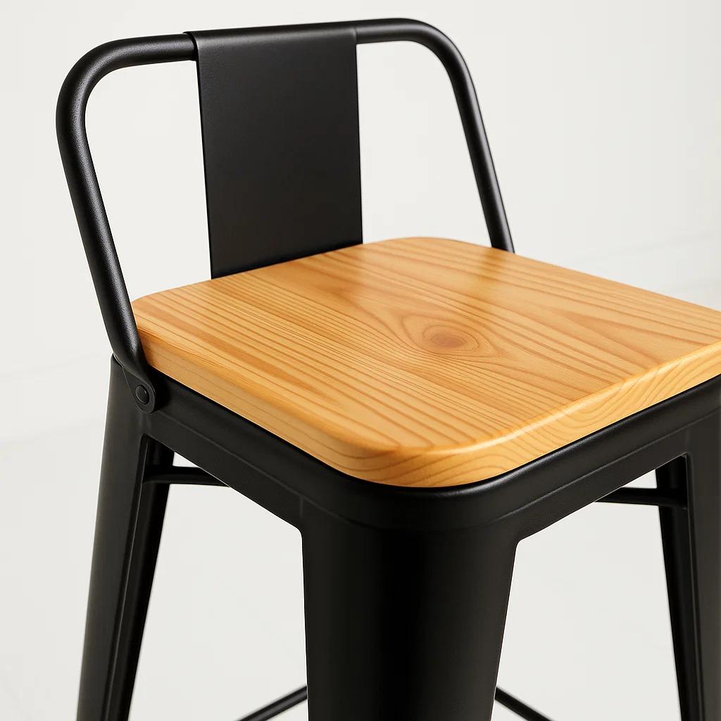 Taburete Tolix Negro Alto con Respaldo para bar o terraza - Asiento de madera Clara