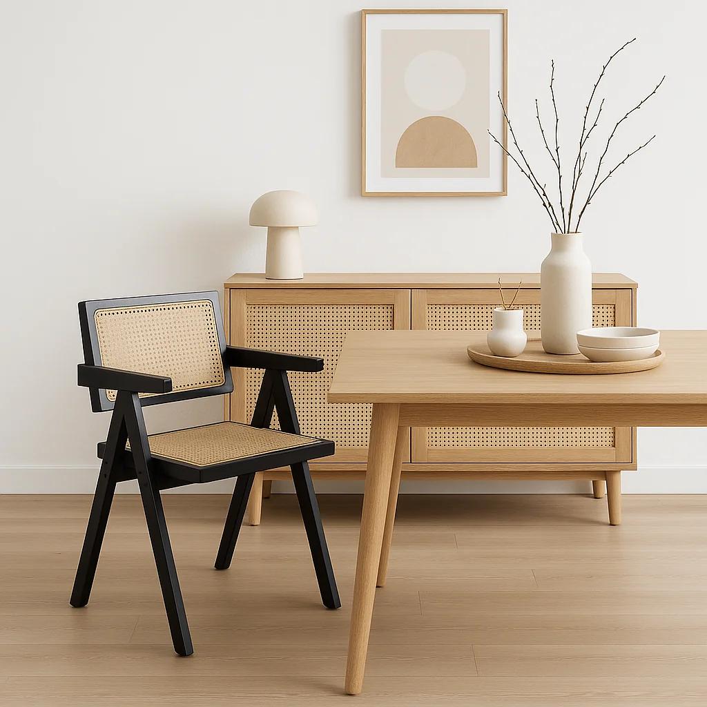 Silla Sitial Butaca Chandigarh Madera Rattan Negra