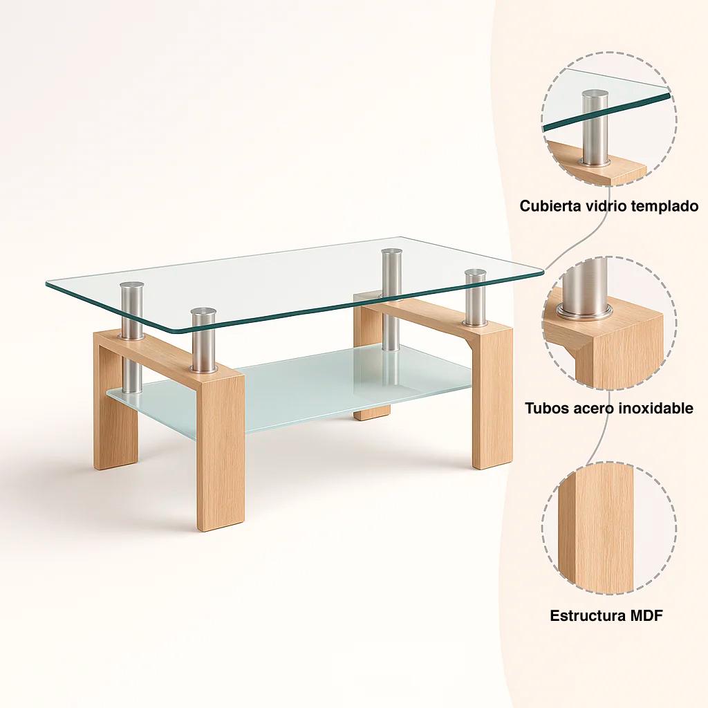 Mesa de centro para living rectangular de vidrio y madera