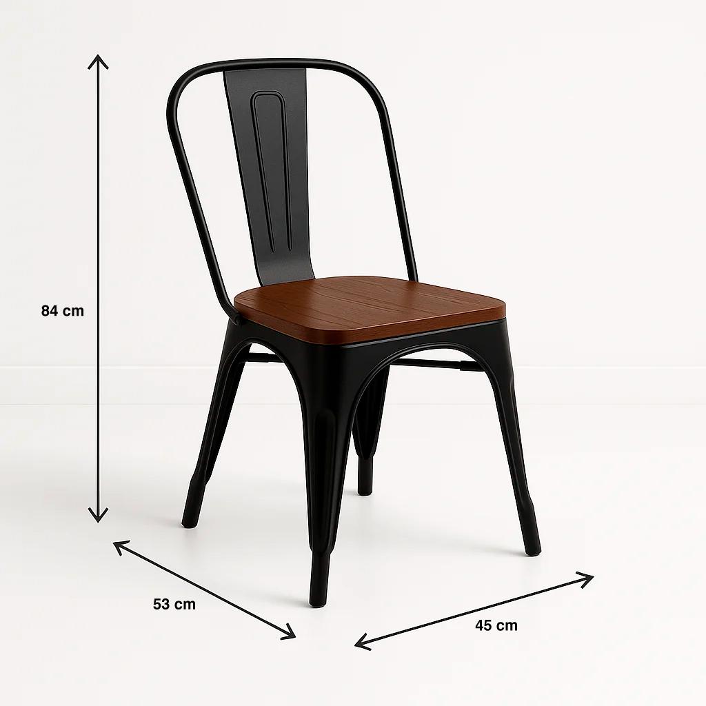 Silla Tolix de Comedor o Terraza Exterior con asiento de Madera Oscura Walnut - Negra