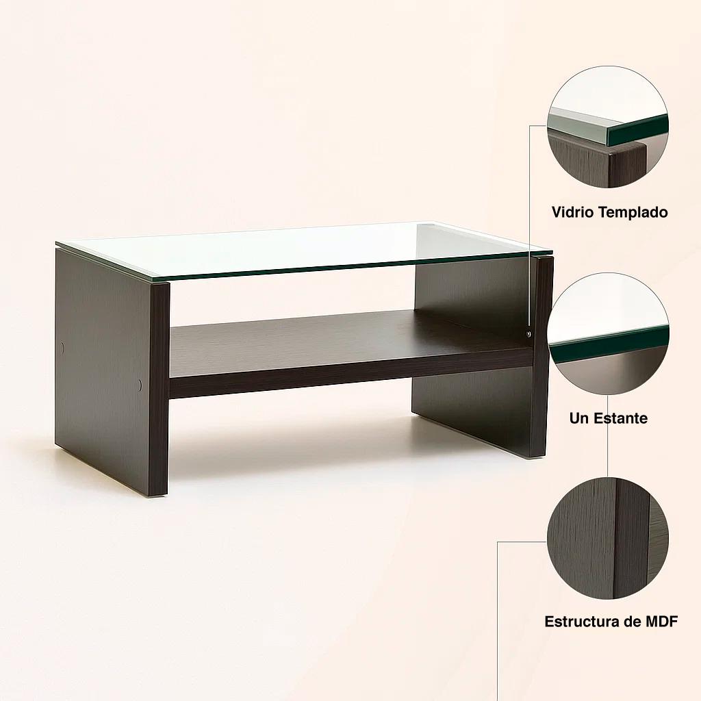 Mesa de centro moderna madera walnut wood vidrio