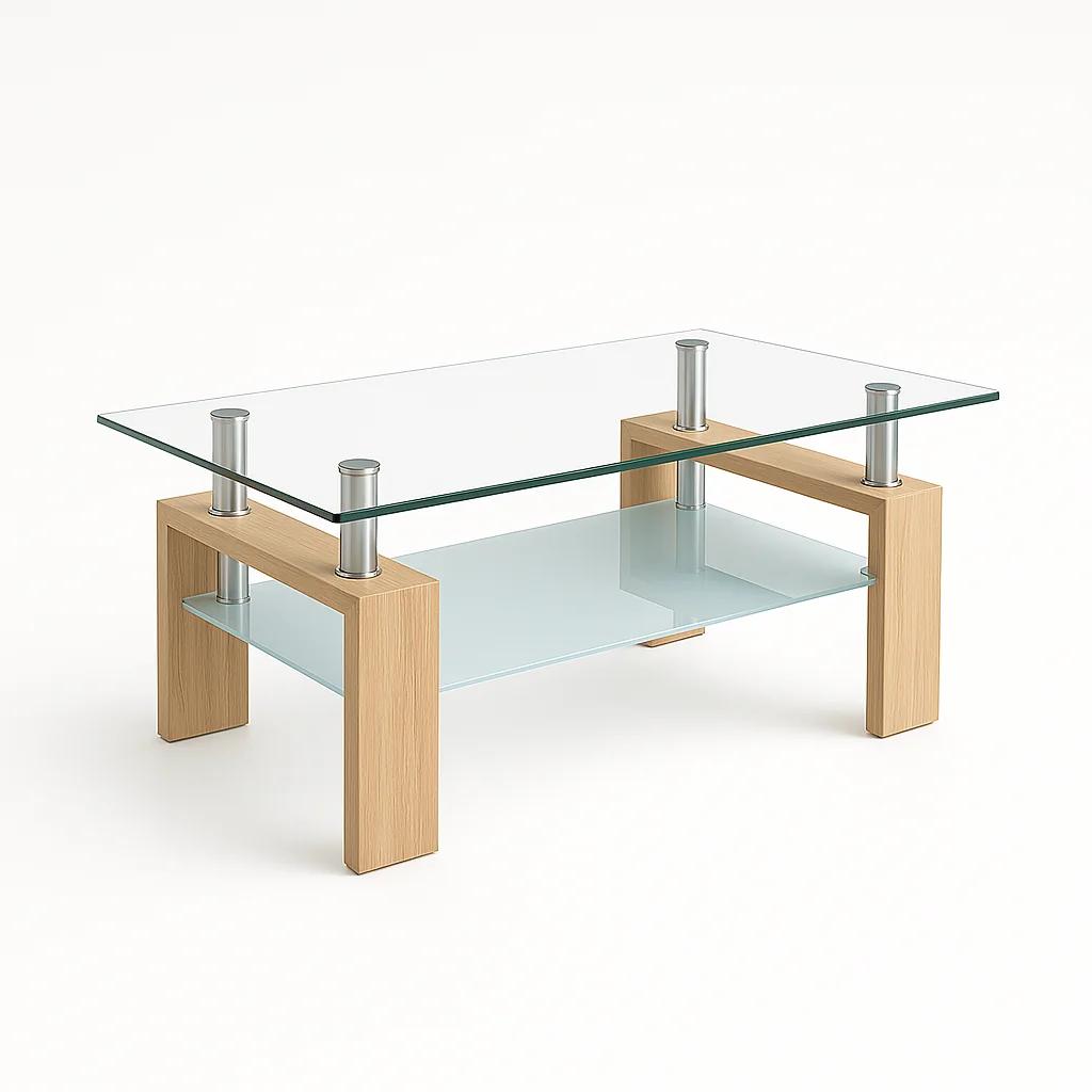 Mesa de centro para living rectangular de vidrio y madera