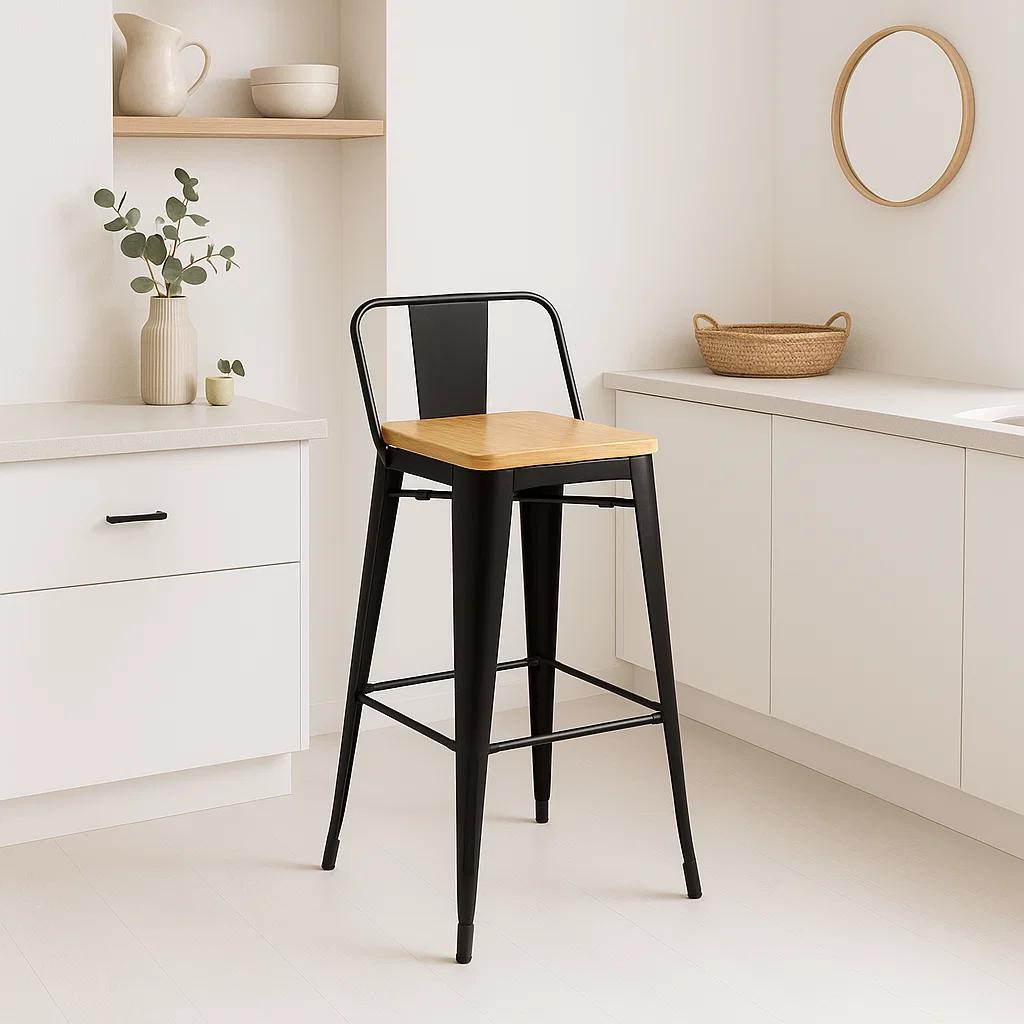 Taburete Tolix Negro Alto con Respaldo para bar o terraza - Asiento de madera Clara