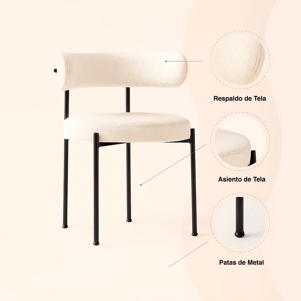 Silla Teddy de Tela con Patas Metálicas Negras - Crema