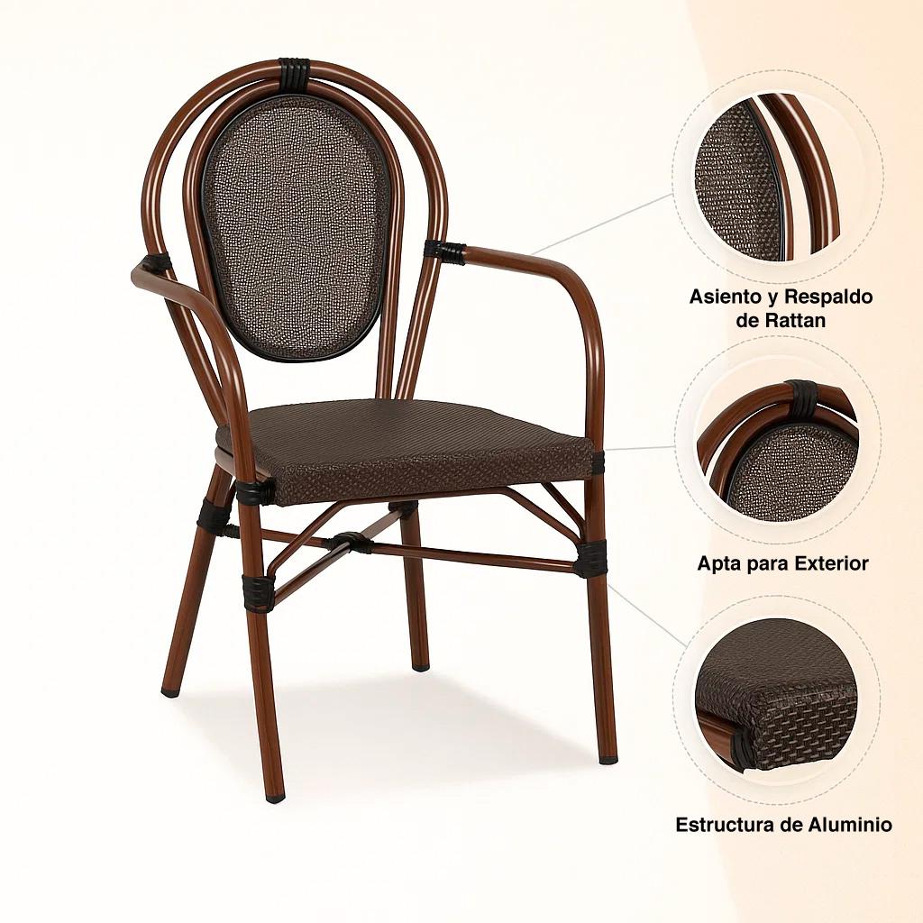 Silla Provence Parisina Rattan con reposabrazos - Café Oscuro