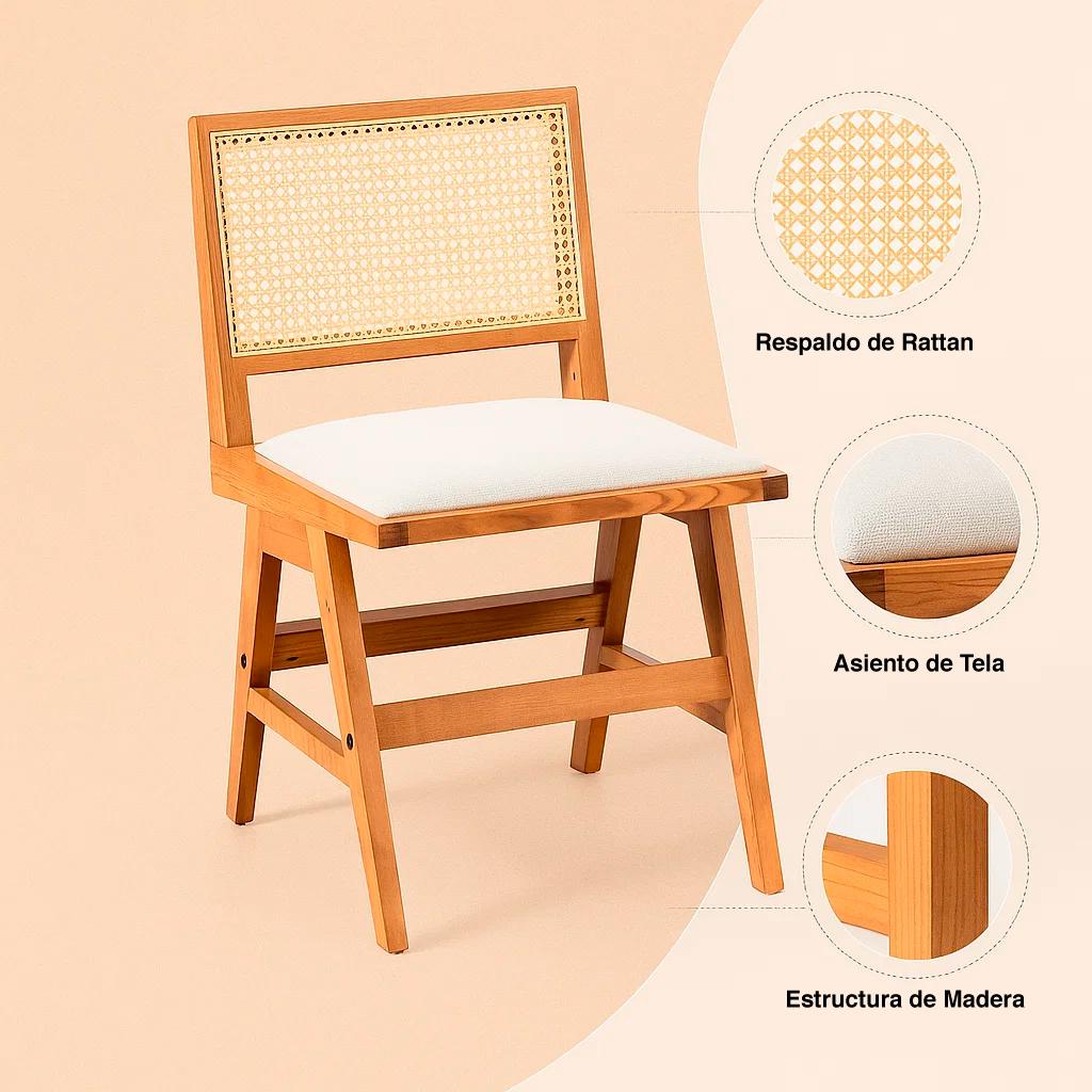 Silla Aura de Rattan con Asiento de Tela - Natural Beige