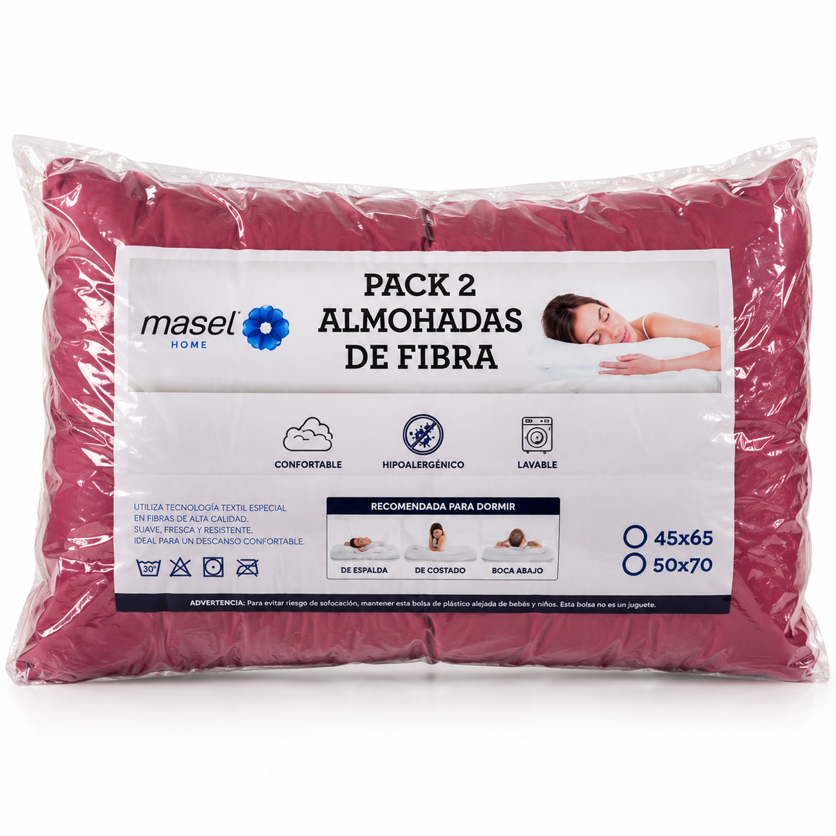 Pack 2 Almohadas Premium Microfibra Burdeo. Masel