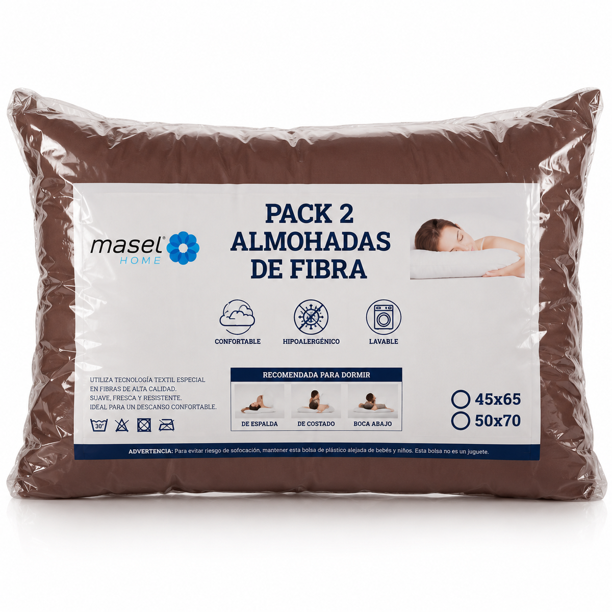Pack 2 Almohadas Premium Microfibra Chocolate. Masel