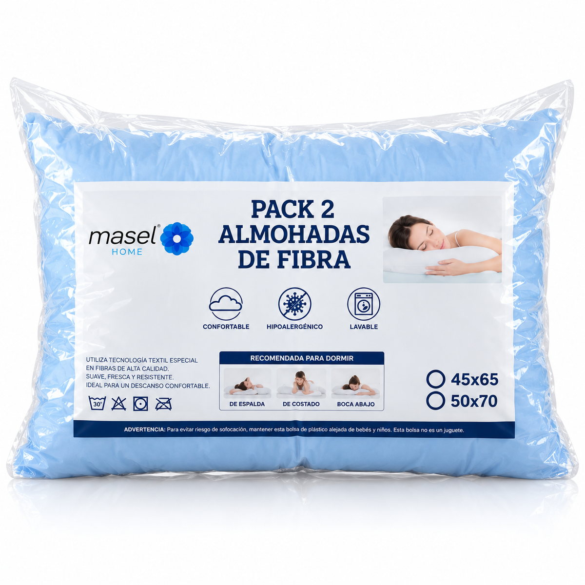 Pack 2 Almohadas Premium Microfibra Light Blue. Masel